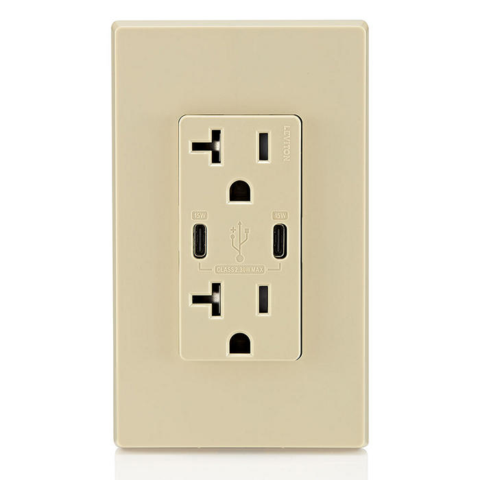 Leviton 30W USB Dual Type C/C Non-PD Wall Outlet Charger With 20A Tamper-Resistant Outlet Ivory (T5837-I)