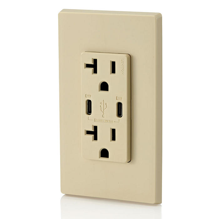 Leviton 30W USB Dual Type C/C Non-PD Wall Outlet Charger With 20A Tamper-Resistant Outlet Ivory (T5837-I)
