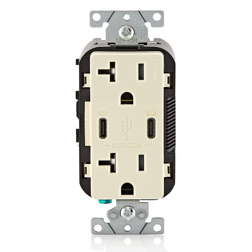 Leviton 30W USB Dual Type C/C Non-PD Wall Outlet Charger With 20A Tamper-Resistant Outlet Light Almond (T5837-T)