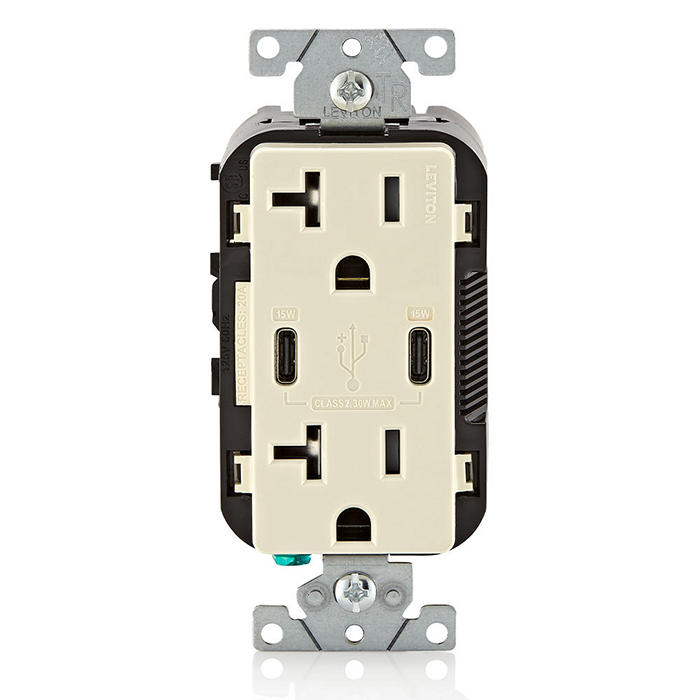 Leviton 30W USB Dual Type C/C Non-PD Wall Outlet Charger With 20A Tamper-Resistant Outlet Light Almond (T5837-T)