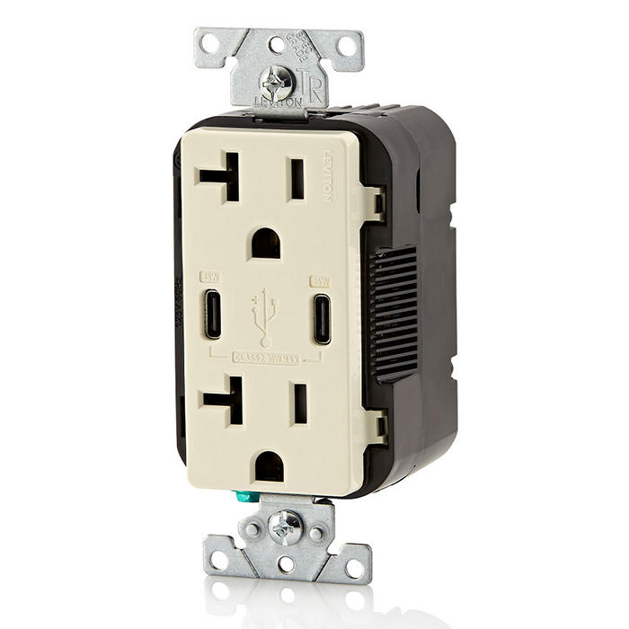 Leviton 30W USB Dual Type C/C Non-PD Wall Outlet Charger With 20A Tamper-Resistant Outlet Light Almond (T5837-T)