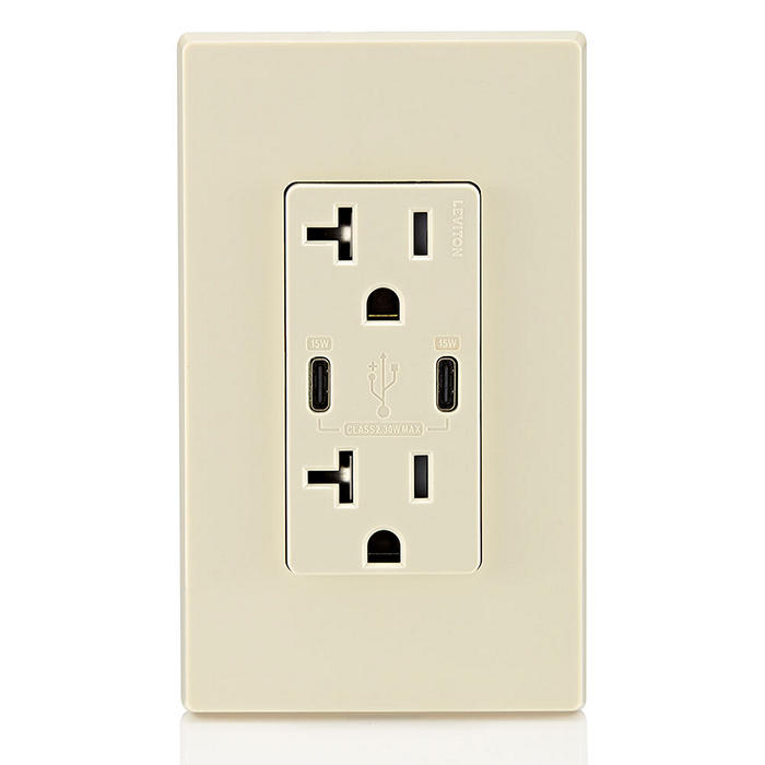 Leviton 30W USB Dual Type C/C Non-PD Wall Outlet Charger With 20A Tamper-Resistant Outlet Light Almond (T5837-T)
