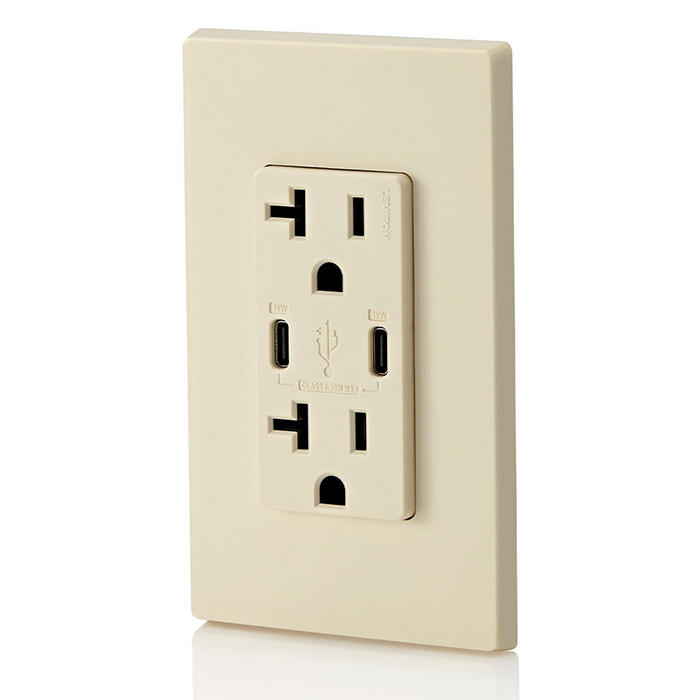 Leviton 30W USB Dual Type C/C Non-PD Wall Outlet Charger With 20A Tamper-Resistant Outlet Light Almond (T5837-T)