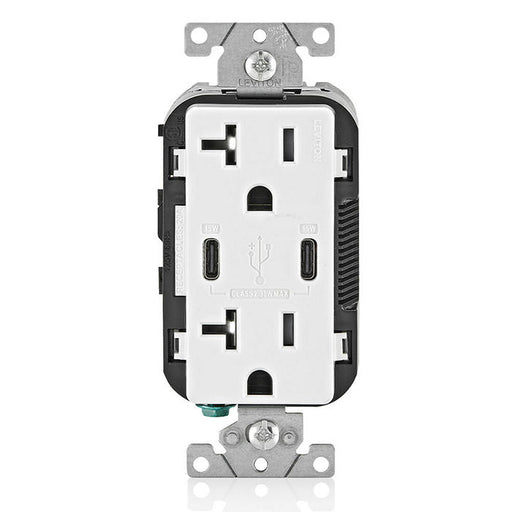 Leviton 30W USB Dual Type C/C Non-PD Wall Outlet Charger With 20A Tamper-Resistant Outlet White (T5837-W)