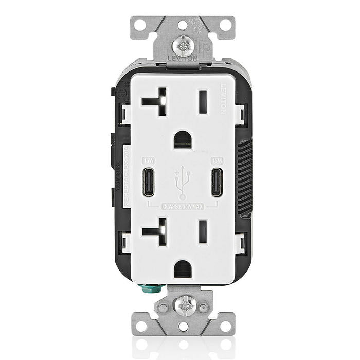 Leviton 30W USB Dual Type C/C Non-PD Wall Outlet Charger With 20A Tamper-Resistant Outlet White (T5837-W)