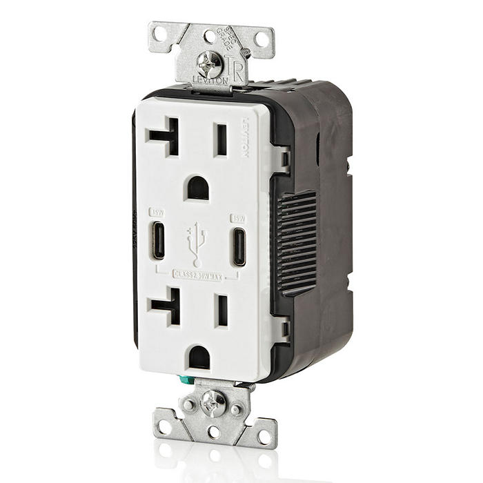 Leviton 30W USB Dual Type C/C Non-PD Wall Outlet Charger With 20A Tamper-Resistant Outlet White (T5837-W)