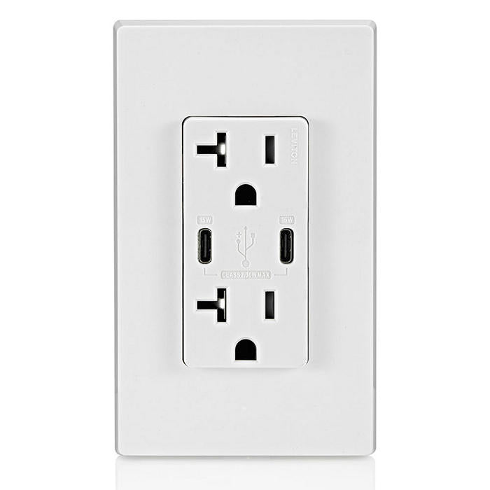 Leviton 30W USB Dual Type C/C Non-PD Wall Outlet Charger With 20A Tamper-Resistant Outlet White (T5837-W)