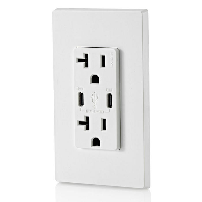 Leviton 30W USB Dual Type C/C Non-PD Wall Outlet Charger With 20A Tamper-Resistant Outlet White (T5837-W)