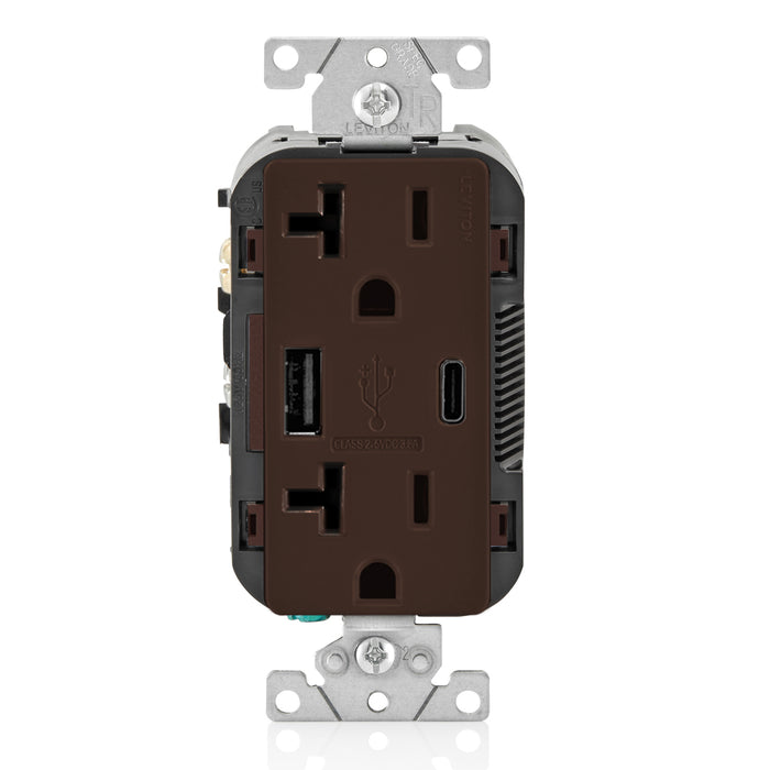Leviton 20A 125V Decora Tamper-Resistant Outlet NEMA 5-20R 18W Type A/C USB Chargers Grounding Side Wired/Back Wired Brown (T5838-B)