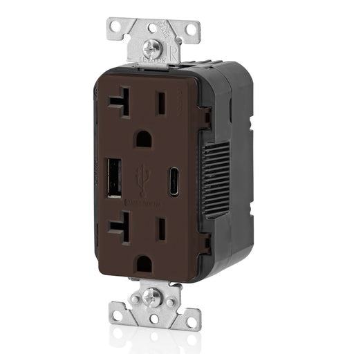 Leviton 20A 125V Decora Tamper-Resistant Outlet NEMA 5-20R 18W Type A/C USB Chargers Grounding Side Wired/Back Wired Brown (T5838-B)
