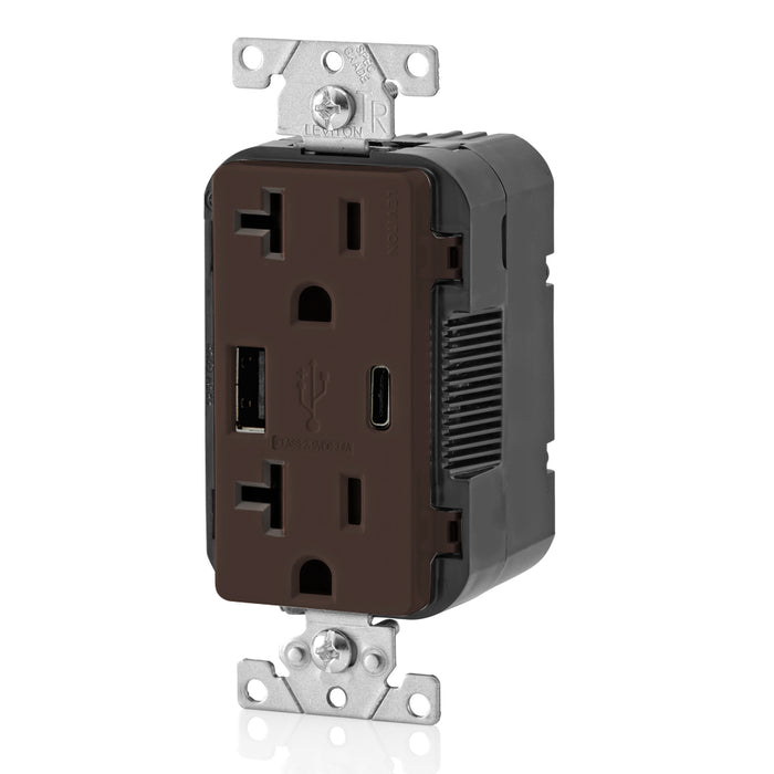 Leviton 20A 125V Decora Tamper-Resistant Outlet NEMA 5-20R 18W Type A/C USB Chargers Grounding Side Wired/Back Wired Brown (T5838-B)