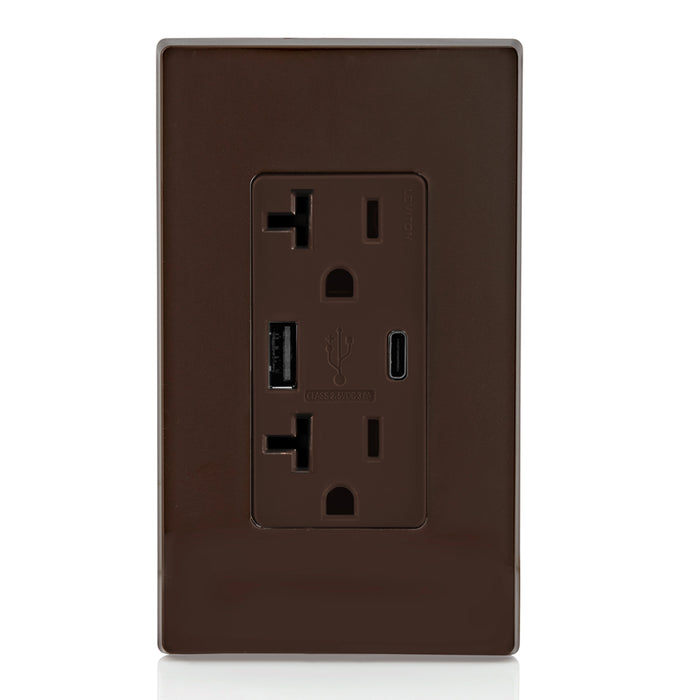 Leviton 20A 125V Decora Tamper-Resistant Outlet NEMA 5-20R 18W Type A/C USB Chargers Grounding Side Wired/Back Wired Brown (T5838-B)