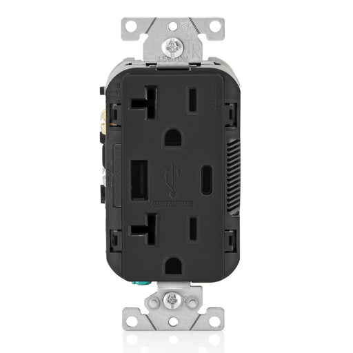 Leviton 20A 125V Decora Tamper-Resistant Outlet NEMA 5-20R 18W Type A/C USB Chargers Grounding Side Wired/Back Wired Black (T5838-E)