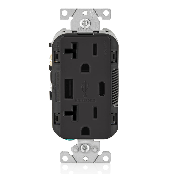 Leviton 20A 125V Decora Tamper-Resistant Outlet NEMA 5-20R 18W Type A/C USB Chargers Grounding Side Wired/Back Wired Black (T5838-E)