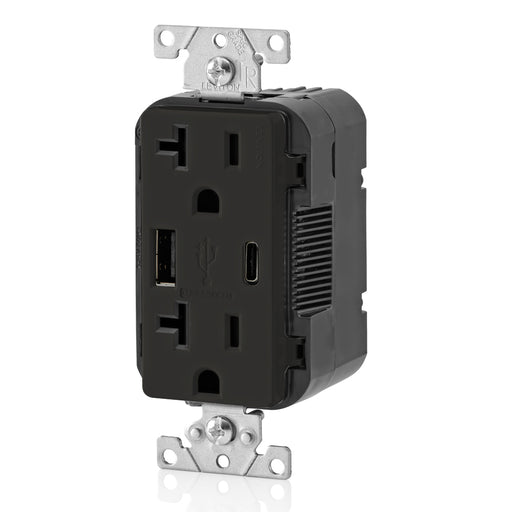 Leviton 20A 125V Decora Tamper-Resistant Outlet NEMA 5-20R 18W Type A/C USB Chargers Grounding Side Wired/Back Wired Black (T5838-E)