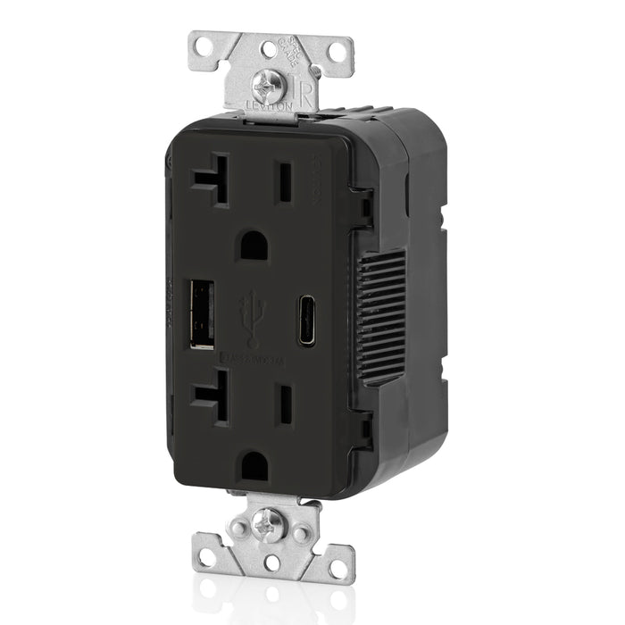 Leviton 20A 125V Decora Tamper-Resistant Outlet NEMA 5-20R 18W Type A/C USB Chargers Grounding Side Wired/Back Wired Black (T5838-E)