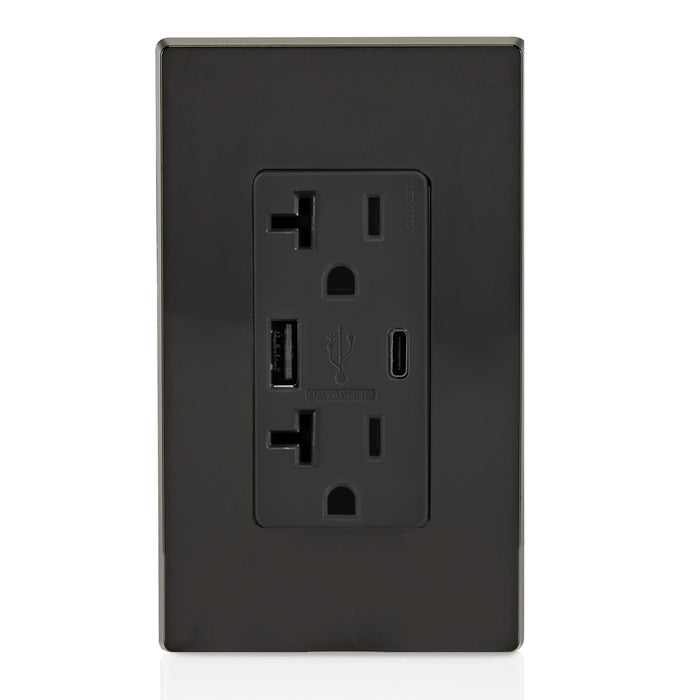 Leviton 20A 125V Decora Tamper-Resistant Outlet NEMA 5-20R 18W Type A/C USB Chargers Grounding Side Wired/Back Wired Black (T5838-E)