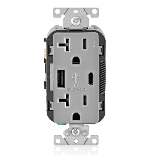 Leviton 20A 125V Decora Tamper-Resistant Outlet NEMA 5-20R 18W Type A/C USB Chargers Grounding Side Wired/Back Wired Gray (T5838-GY)