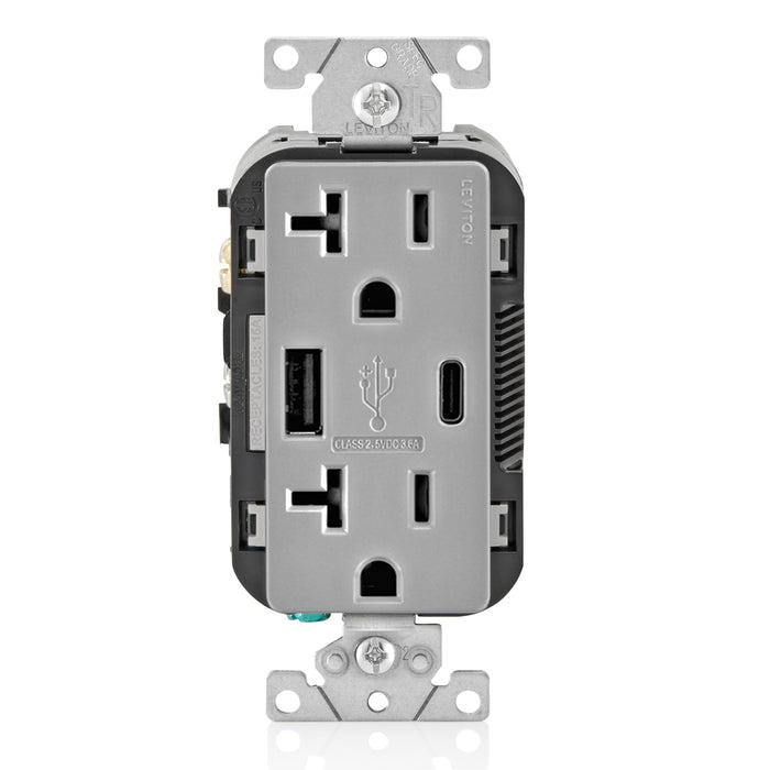 Leviton 20A 125V Decora Tamper-Resistant Outlet NEMA 5-20R 18W Type A/C USB Chargers Grounding Side Wired/Back Wired Gray (T5838-GY)