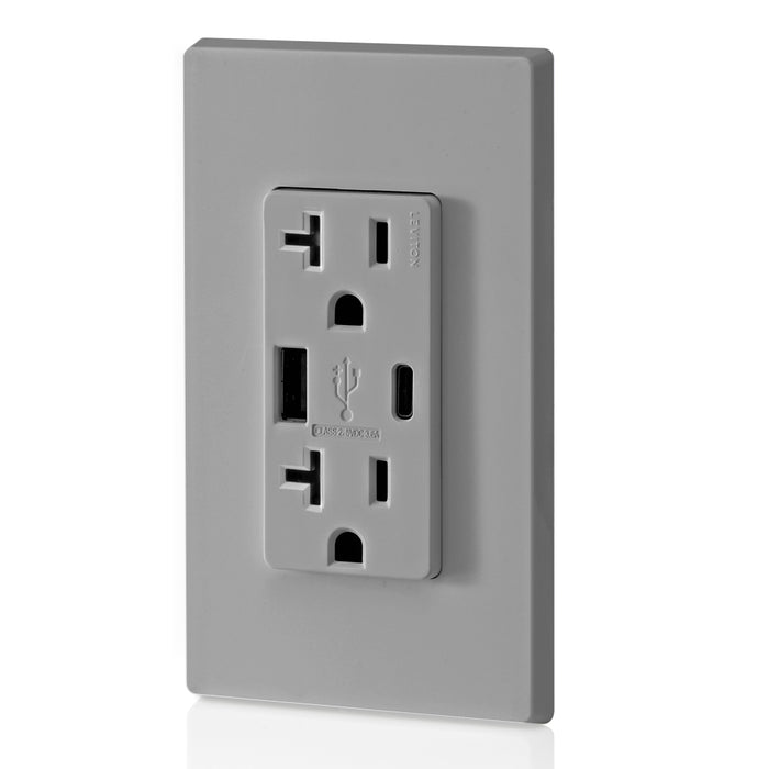 Leviton 20A 125V Decora Tamper-Resistant Outlet NEMA 5-20R 18W Type A/C USB Chargers Grounding Side Wired/Back Wired Gray (T5838-GY)