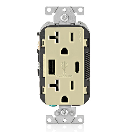 Leviton 20A 125V Decora Tamper-Resistant Outlet NEMA 5-20R 18W Type A/C USB Chargers Grounding Side Wired/Back Wired Ivory (T5838-I)