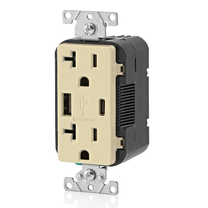 Leviton 20A 125V Decora Tamper-Resistant Outlet NEMA 5-20R 18W Type A/C USB Chargers Grounding Side Wired/Back Wired Ivory (T5838-I)