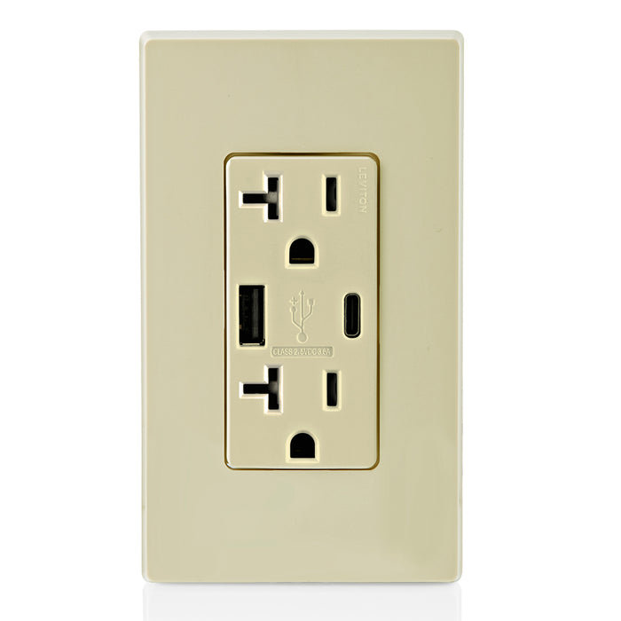 Leviton 20A 125V Decora Tamper-Resistant Outlet NEMA 5-20R 18W Type A/C USB Chargers Grounding Side Wired/Back Wired Ivory (T5838-I)