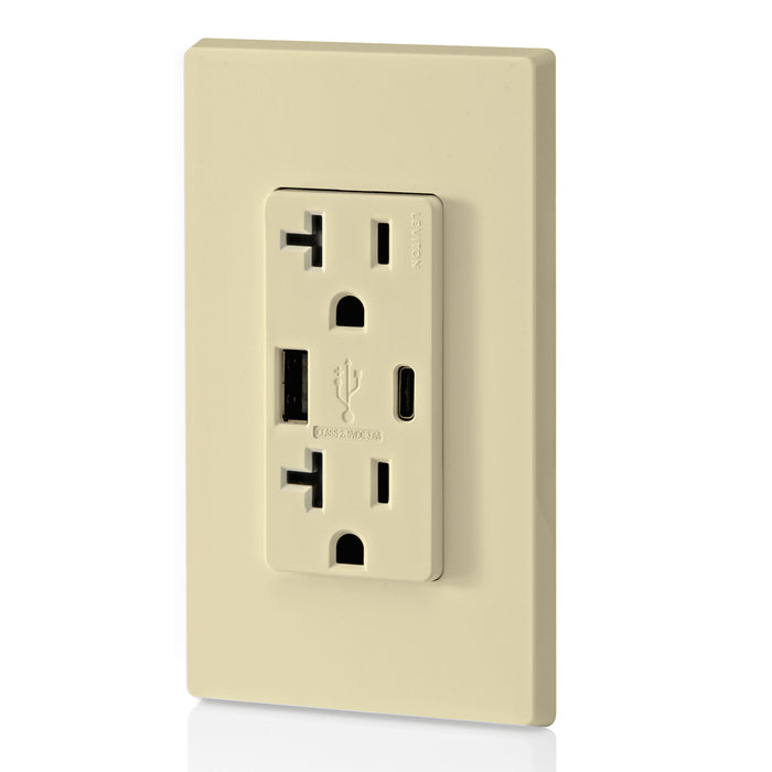 Leviton 20A 125V Decora Tamper-Resistant Outlet NEMA 5-20R 18W Type A/C USB Chargers Grounding Side Wired/Back Wired Ivory (T5838-I)