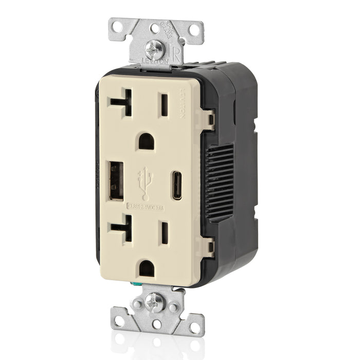 Leviton 20A 125V Decora Tamper-Resistant Outlet NEMA 5-20R 18W Type A/C USB Chargers Grounding Side Wired/Back Wired Light Almond (T5838-T)