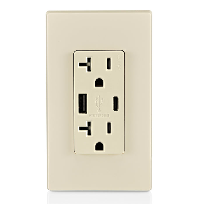 Leviton 20A 125V Decora Tamper-Resistant Outlet NEMA 5-20R 18W Type A/C USB Chargers Grounding Side Wired/Back Wired Light Almond (T5838-T)