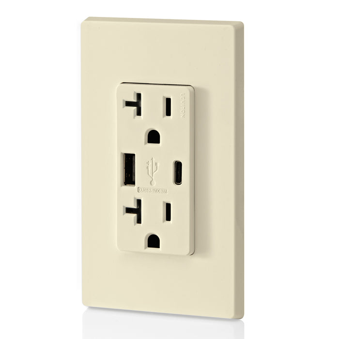 Leviton 20A 125V Decora Tamper-Resistant Outlet NEMA 5-20R 18W Type A/C USB Chargers Grounding Side Wired/Back Wired Light Almond (T5838-T)