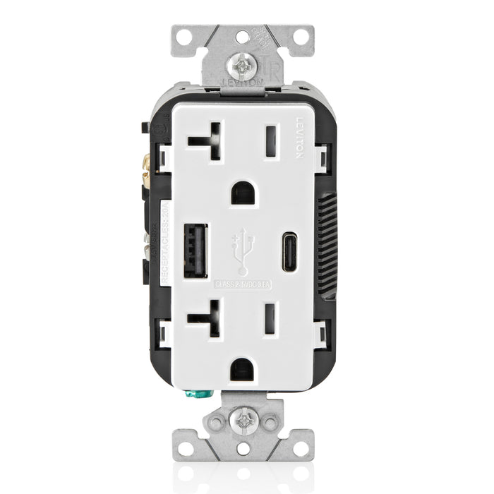 Leviton 20A 125V Decora Tamper-Resistant Outlet NEMA 5-20R 18W Type A/C USB Chargers Grounding Side Wired/Back Wired White (T5838-W)