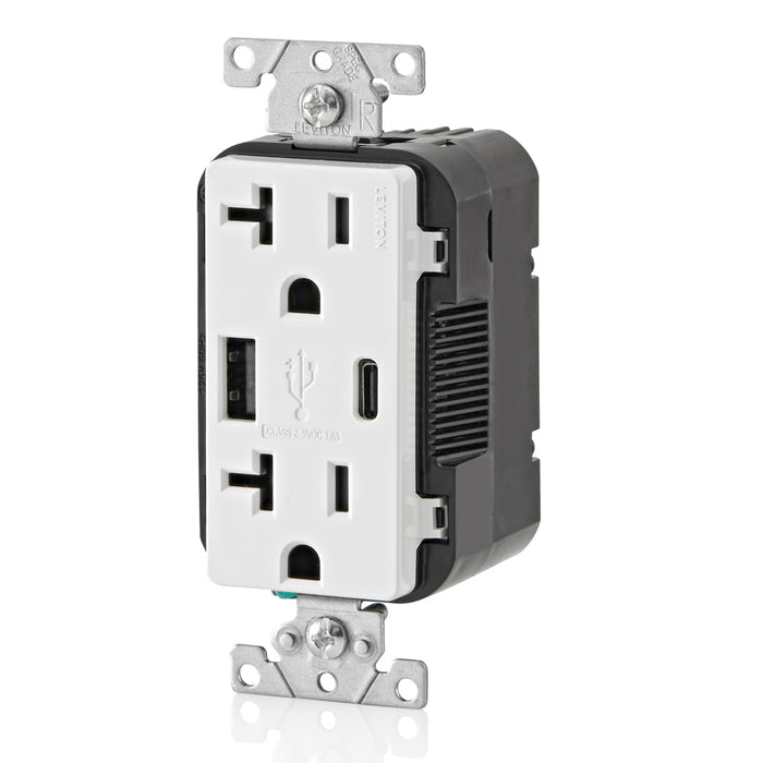 Leviton 20A 125V Decora Tamper-Resistant Outlet NEMA 5-20R 18W Type A/C USB Chargers Grounding Side Wired/Back Wired White (T5838-W)