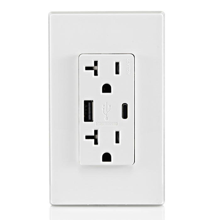 Leviton 20A 125V Decora Tamper-Resistant Outlet NEMA 5-20R 18W Type A/C USB Chargers Grounding Side Wired/Back Wired White (T5838-W)
