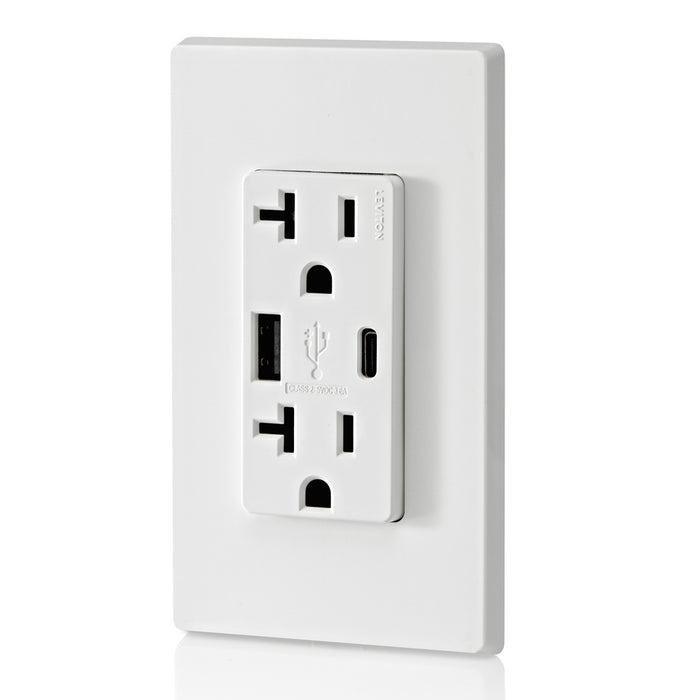 Leviton 20A 125V Decora Tamper-Resistant Outlet NEMA 5-20R 18W Type A/C USB Chargers Grounding Side Wired/Back Wired White (T5838-W)