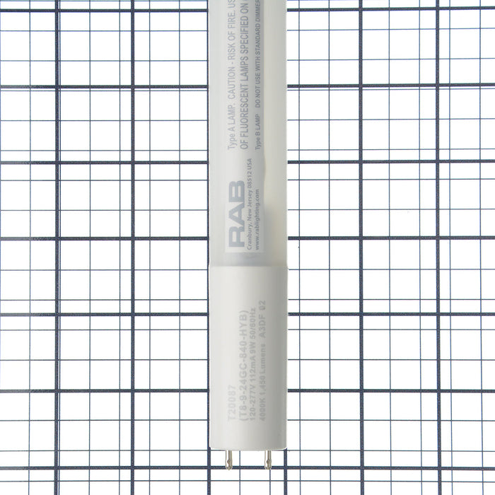 RAB LED T8 2 Foot Glass Coated Hybrid 9W 4000K 1450Lm G13 Base 80 CRI (T8-9-24GC-840-HYB)