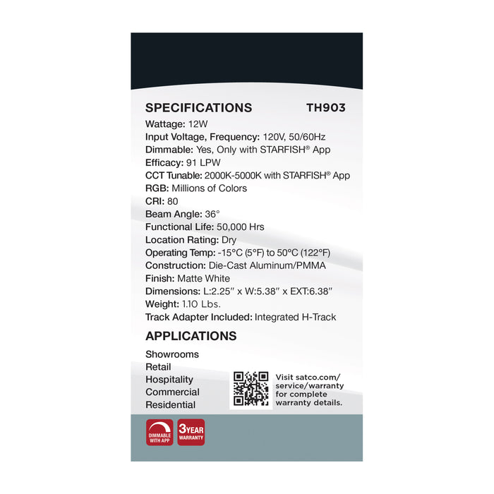 SATCO/NUVO Smart LED Track Head Round 12W 1100Lm 120V Starfish Enabled RGBTW Matte White Finish (TH903)