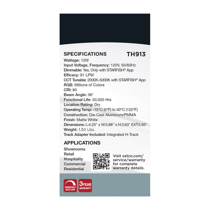 SATCO/NUVO Smart LED Track Head Pinch Back 12W 1100Lm 120V Starfish Enabled RGBTW Matte White Finish (TH913)