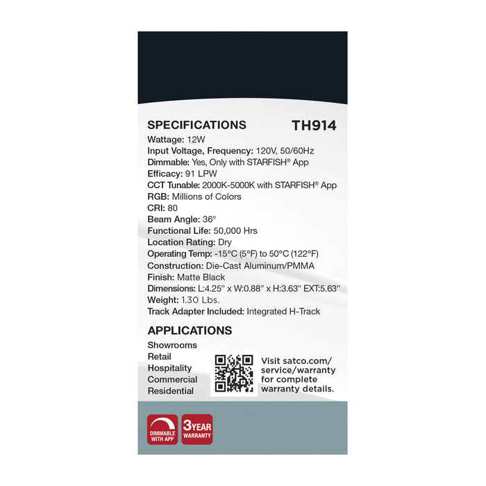 SATCO/NUVO Smart LED Track Head Pinch Back 12W 1100Lm 120V Starfish Enabled RGBTW Matte Black Finish (TH914)
