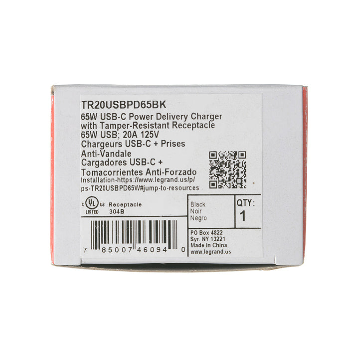 Pass and Seymour 65W Power Delivery USB Outlet Type C Tamper-Resistant Duplex 20A Black (TR20USBPD65BK)