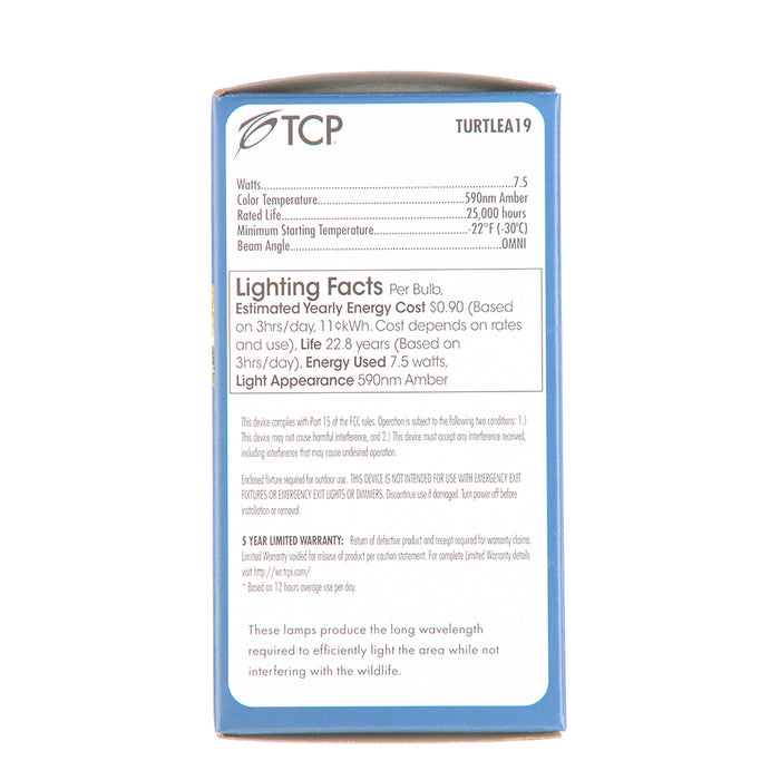 TCP 7.5W LED A19 Turtle Light Medium E26 Base 590nm Amber 120V (TURTLEA19)