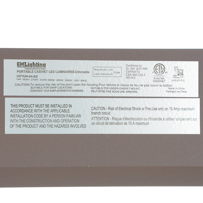 GM Lighting 120V TunableTask LED Undercabinet Light Bar CCT Selectable 2700K/3000K/3500K/4000K/5000K 14W 90 CRI 24 Inch [610Mm] Bronze (UCTUN-24-BZ)