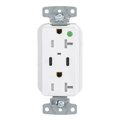 Bryant USB Charger Hospital Grade Receptacle 20A 125V Duplex Power Delivery 55W Type C Ports NEMA 5-2OR White (USB8300CPDW)