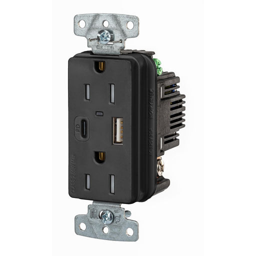 Bryant USB Charger Receptacle 15A 125V Duplex Power Delivery 55W Type AC Ports NEMA 5-15R Black (USBB15ACPDBK)