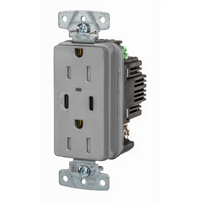 Bryant USB Charger Receptacle 15A 125V Duplex Power Delivery 55W Type C Ports NEMA 5-15R Gray (USBB15CPDGY)