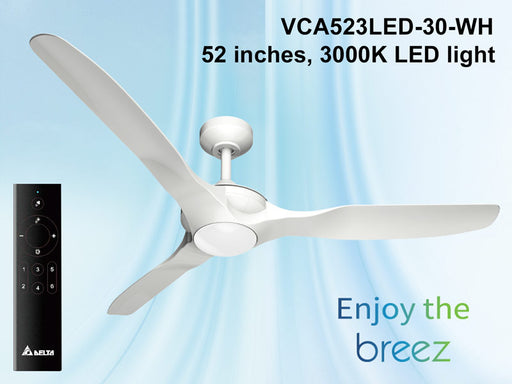 Delta Breez New Benicia 52 Inch Ceiling Fan White 3-Blade With Remote And 13W Dimmable LED (VCA523LED-30-WH)