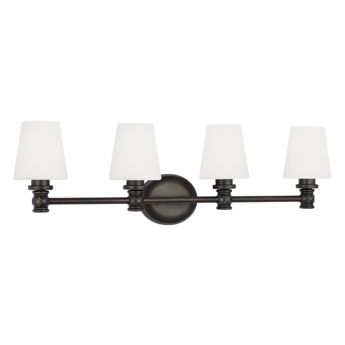 Generation Lighting Xavierre Transitional 4-Light Wall Bath Fixture In Aged Iron Finish With Opal Etched Cased Glass Shades (VS22104AI)