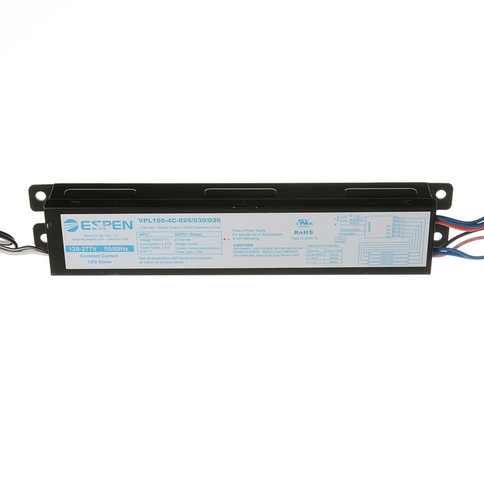 Espen Coretech LED Driver Input 120-277Vac Output Current Selectable 250Ma/300Ma/360Ma Output Voltage 20-46V 4-Channel Black/White Leads (VPL100-4C-025/030/036 TAA)