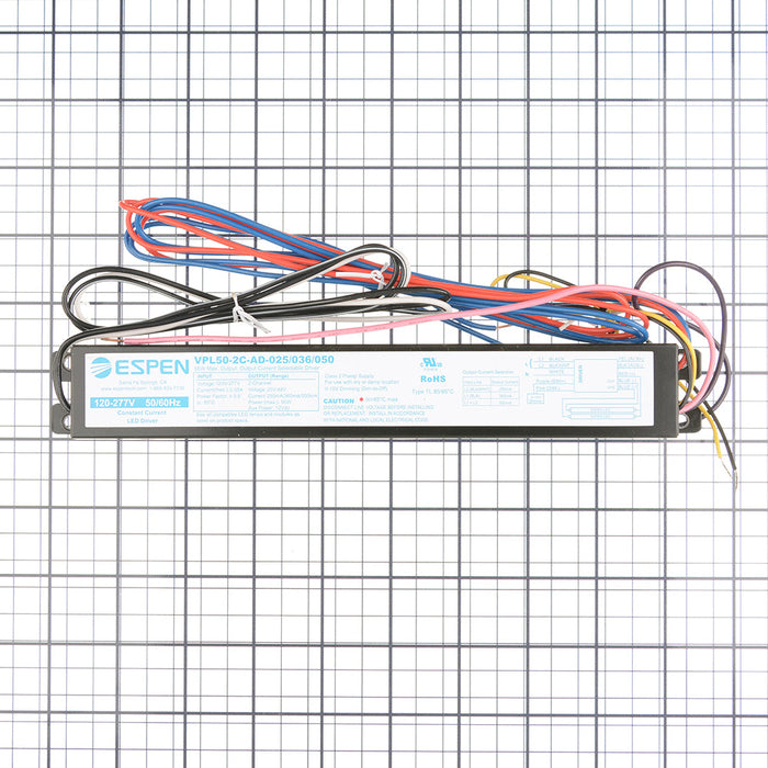 Espen Coretech LED Driver Input 120-277Vac Output Current Selectable 250Ma/360Ma/500Ma Output Voltage 20-48V 2-Channel Black/White Leads (VPL50-2C-AD-025/036/050)