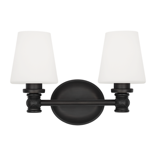 Generation Lighting Xavierre Transitional 2-Light Wall Bath Fixture In Aged Iron Finish With Opal Etched Cased Glass Shades (VS22102AI)